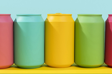 Five soda cans of different colors.