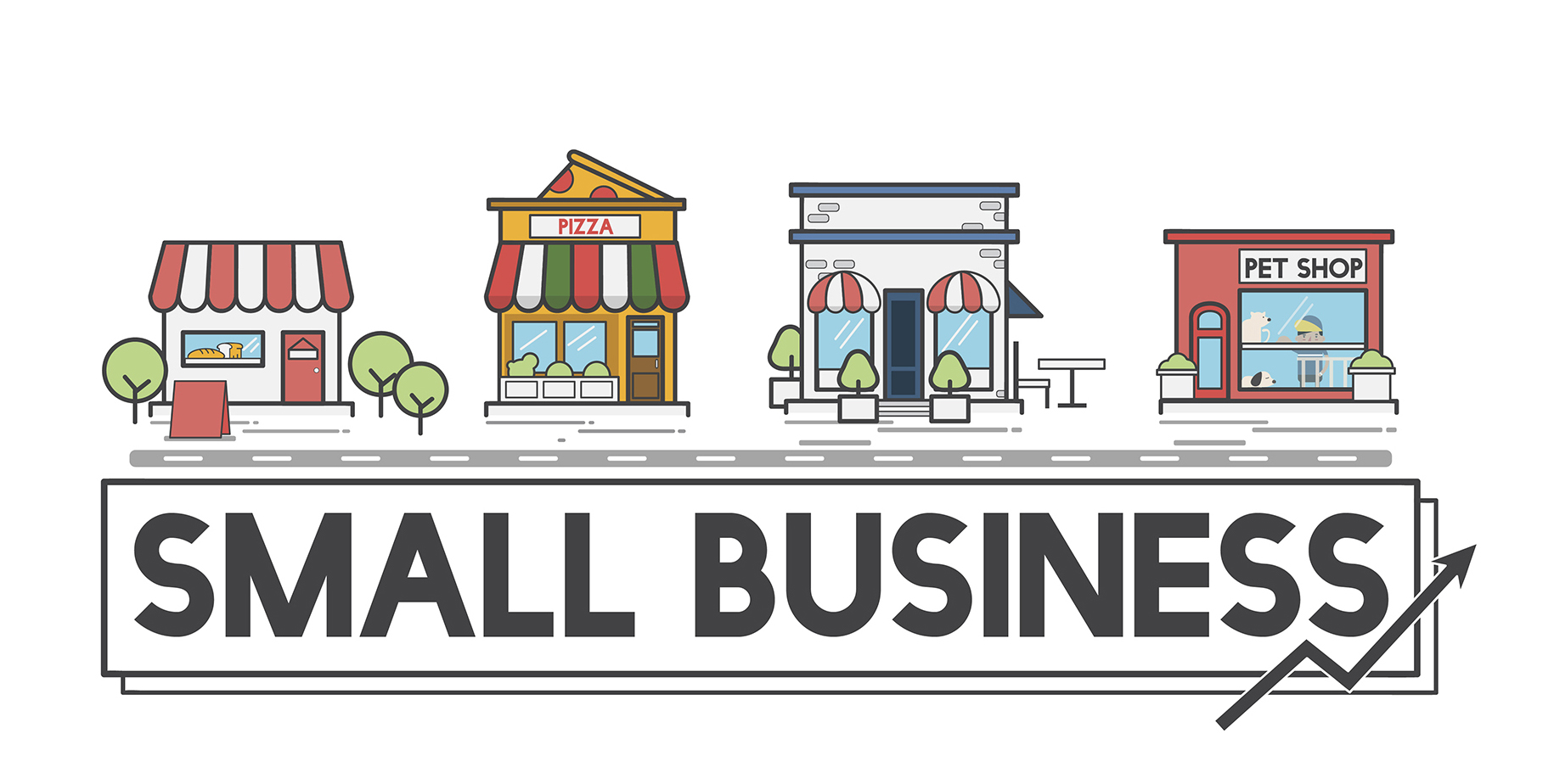 Words small business with a cartoon cityscape